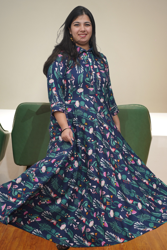 Navy Floral Stripe Maxi Dress