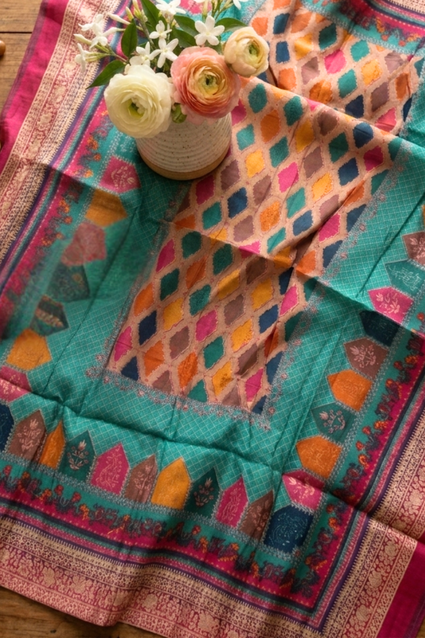 Firozi Traditional Print Silk Dupatta