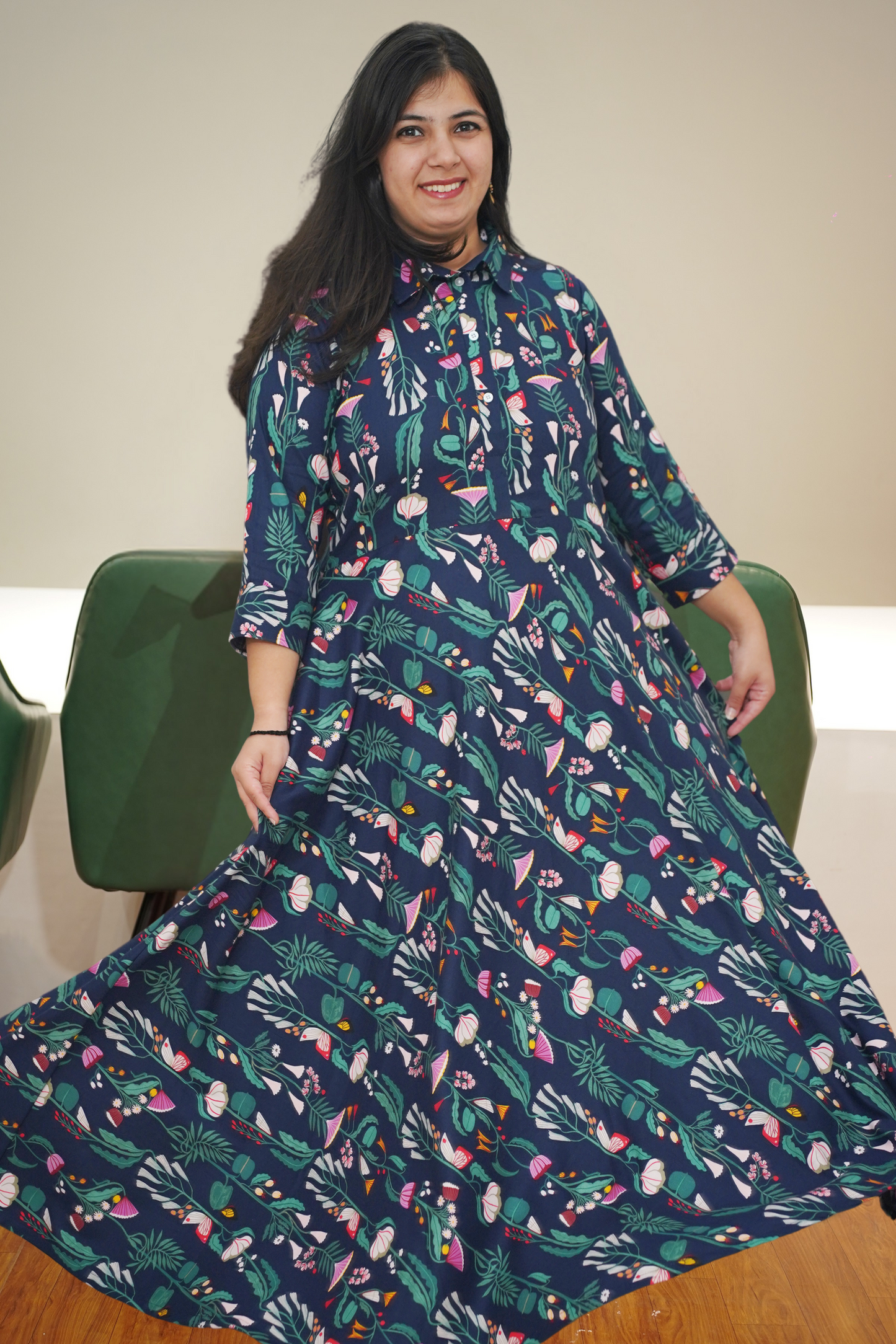 Navy Floral Stripe Maxi Dress