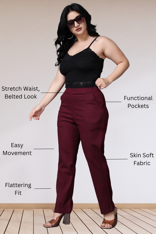 Buy Plus Size Wine Lycra Slub Pants At Apella | Sizes XS to 10 XL | India | Free Delivery | Customized
