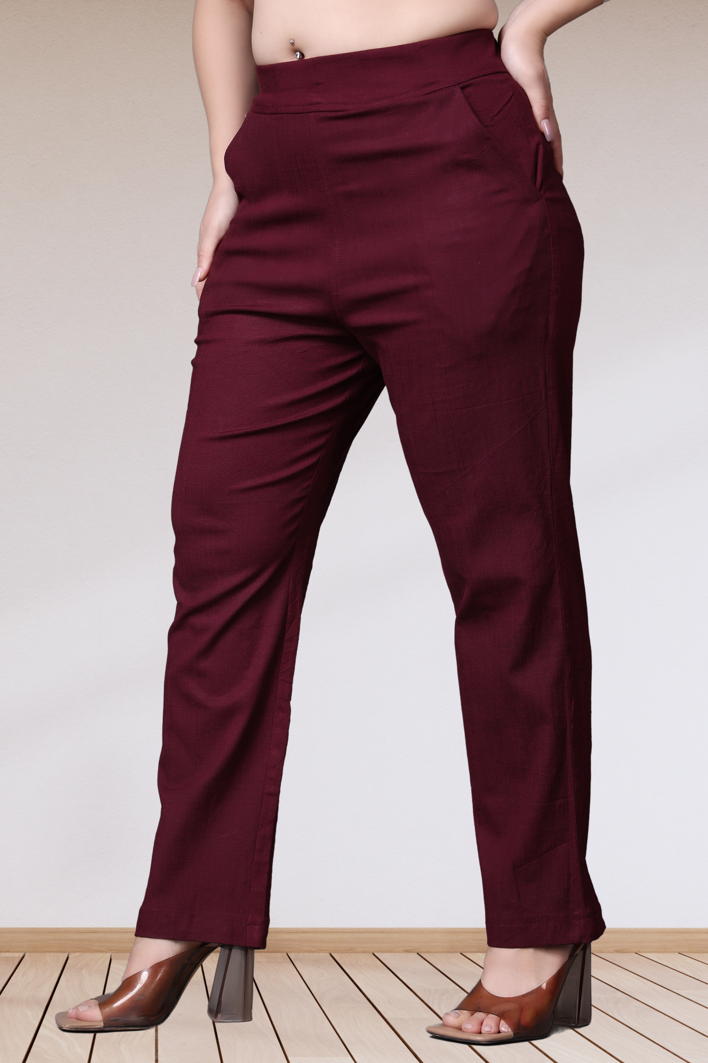 Buy Plus Size Wine Lycra Slub Pants At Apella | Sizes XS to 10 XL | India | Free Delivery | Customized