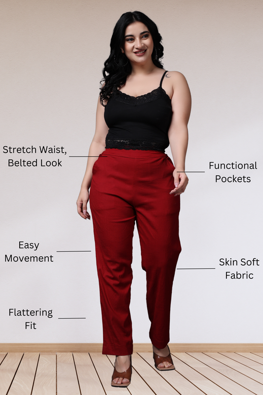 Buy Plus Size Maroon Lycra Slub Pants At Apella | Sizes XS to 10 XL | India | Free Delivery | Customized