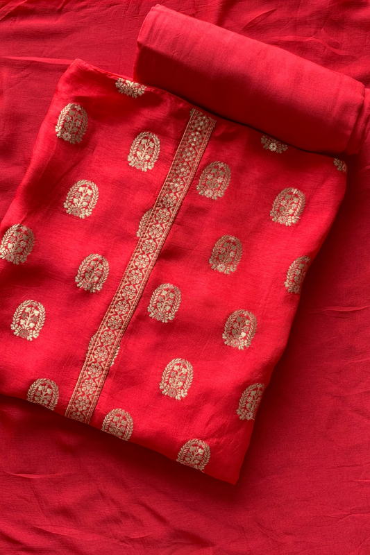 Buy Plus Size Red Banarasi Silk Suit At Apella | Sizes XS to 10 XL | India | Free Delivery | Customized