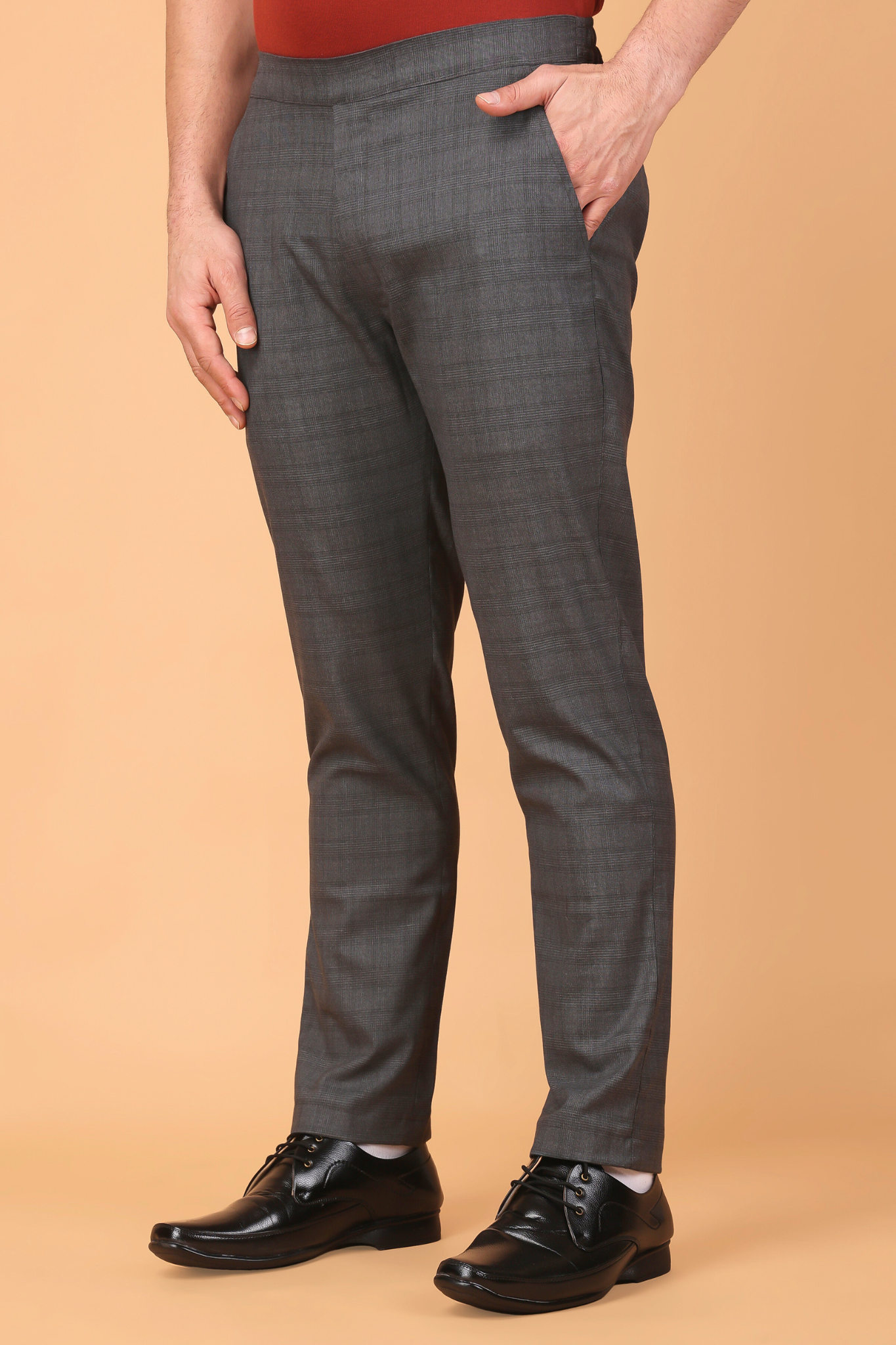 Buy Plus Size Shadow Grey Checked Comfort Fit Trousers At Apella | Sizes XS to 10 XL | India | Free Delivery | Customized
