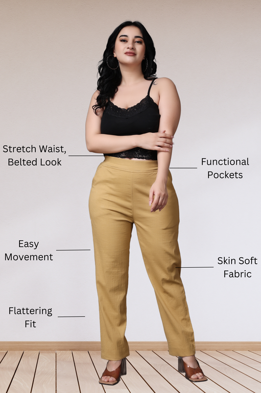 Buy Plus Size Beige Lycra Slub Pants At Apella | Sizes XS to 10 XL | India | Free Delivery | Customized
