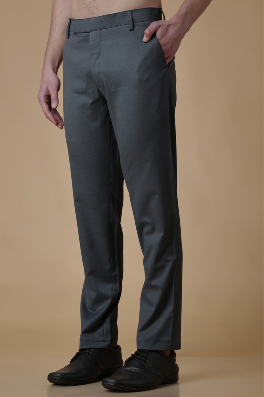 Buy Plus Size Gravel Grey Textured Stretch Trousers At Apella | Sizes XS to 10 XL | India | Free Delivery | Customized