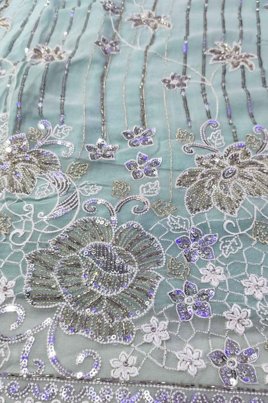 Sky Georgette Unstitched Suit with Handwork