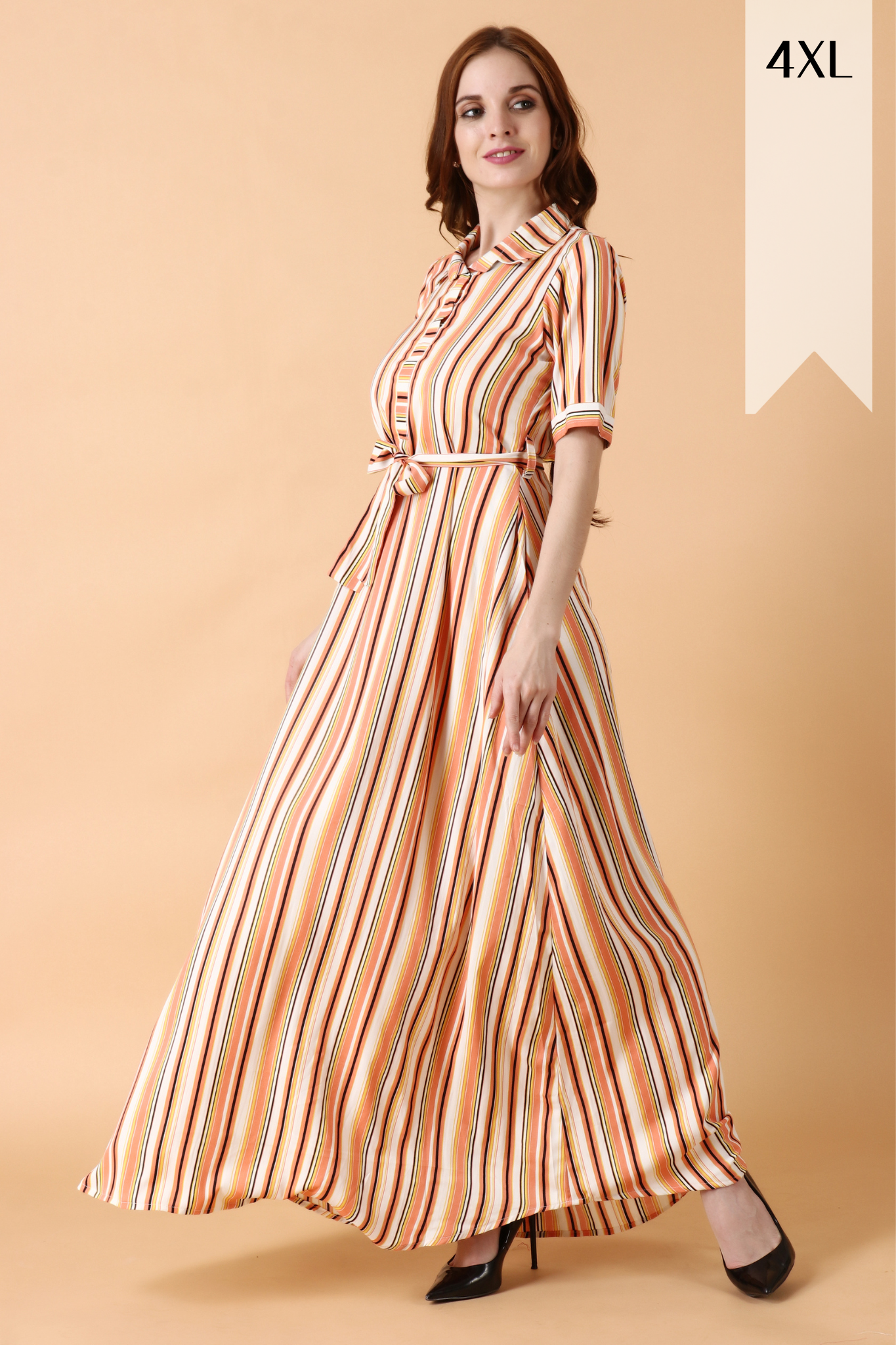 Women Plus Size Peach Striped Dress Apella