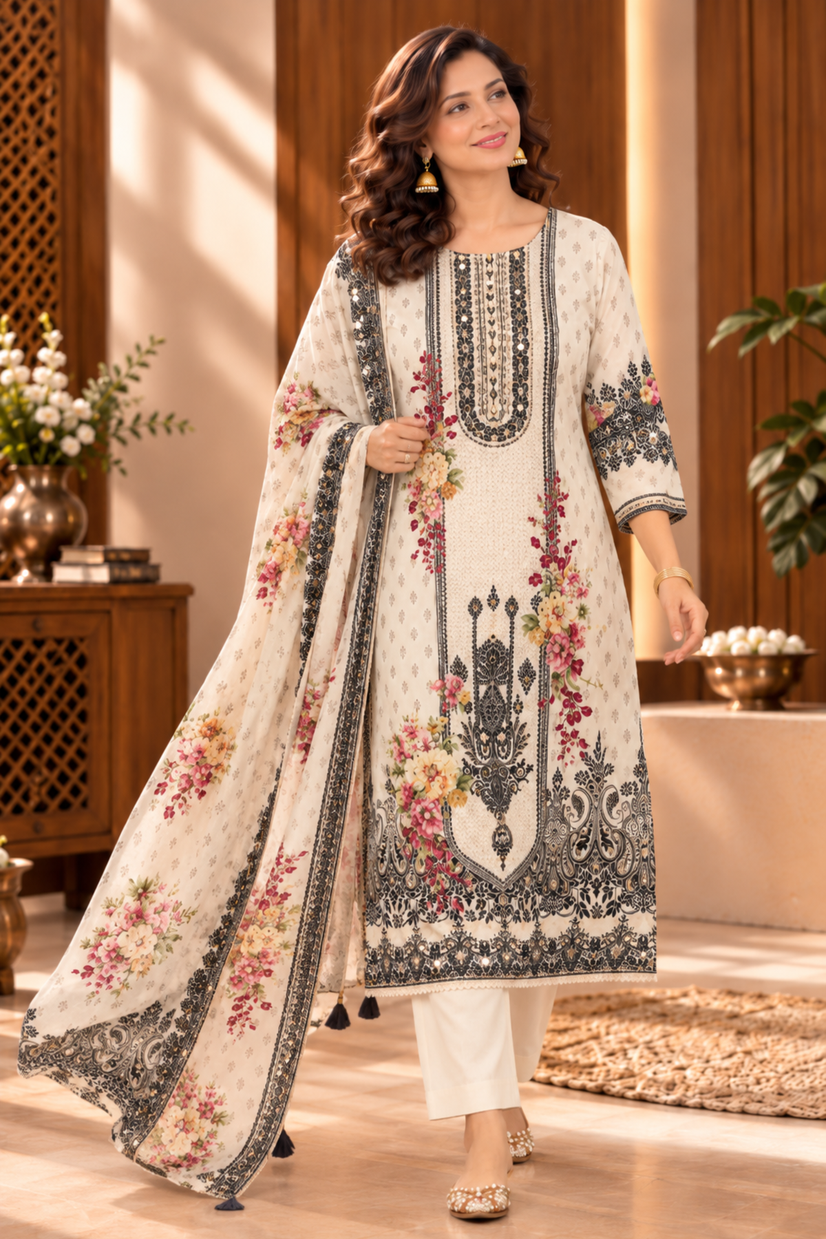 Aaliya Ivory Karachi Muslin Suit With Mirror Work