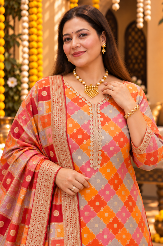 Amaira Saffron Silk Suit With Gold Jacquard Weave