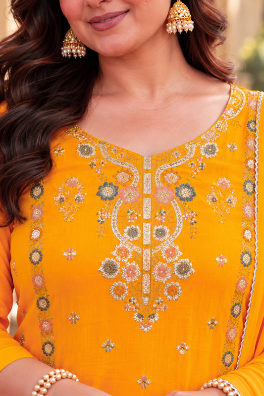Amaltas Yellow Fancy Chinon Suit