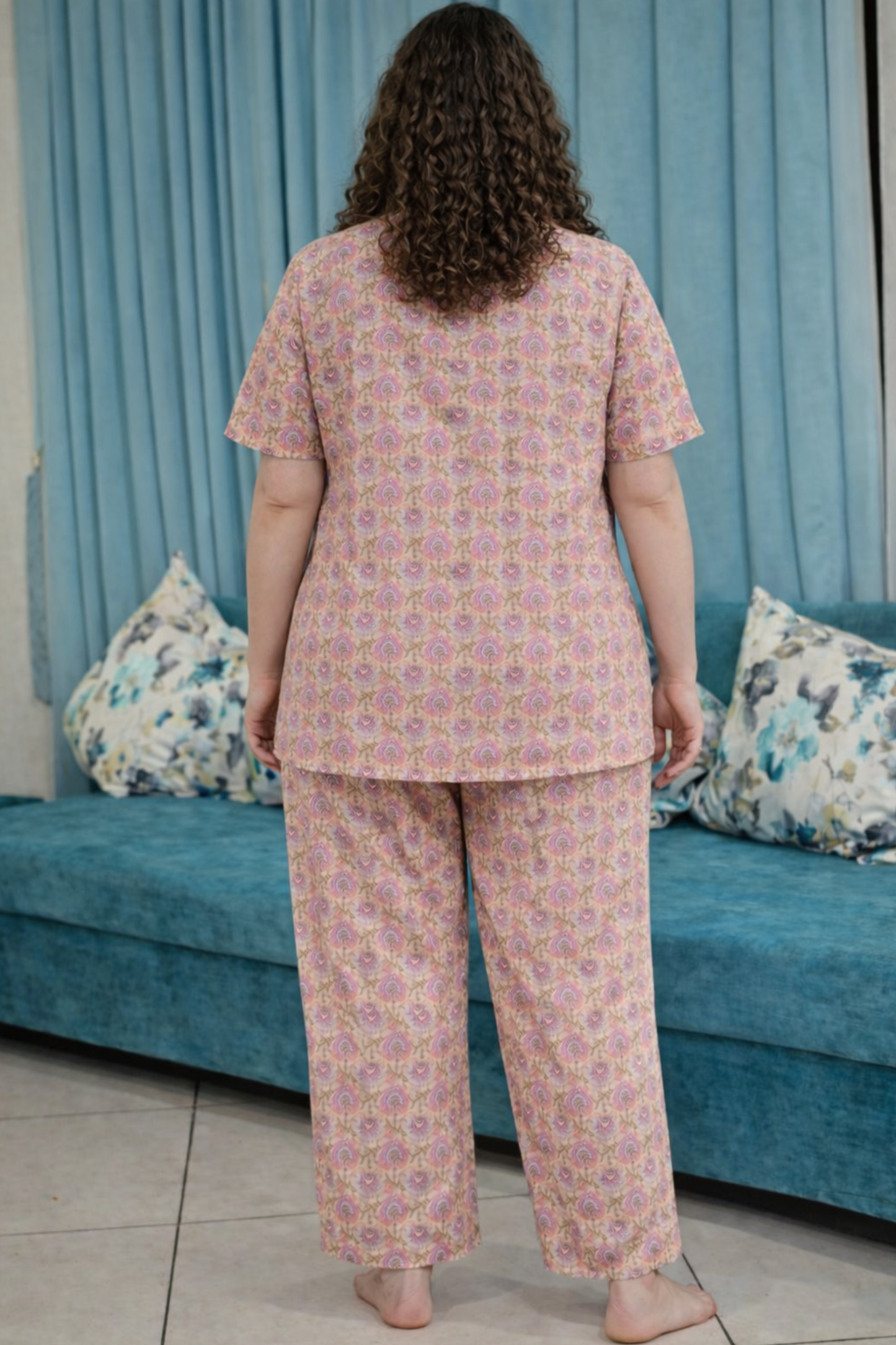 Apricot Floral Cotton Night Suit