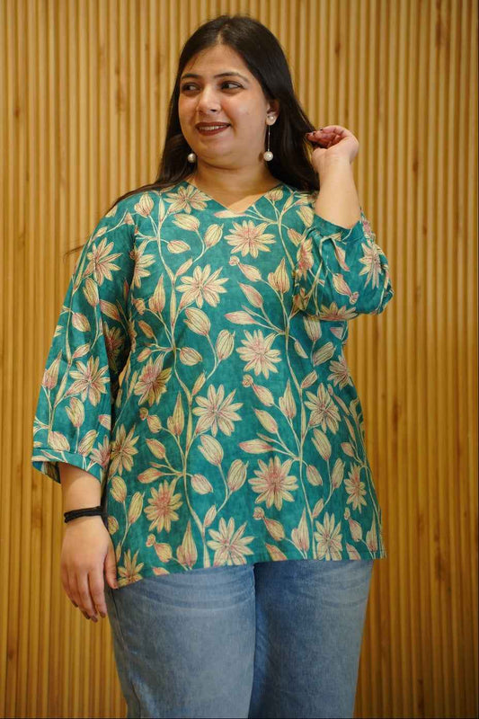 Aqua Green Block Printed Cotton Top