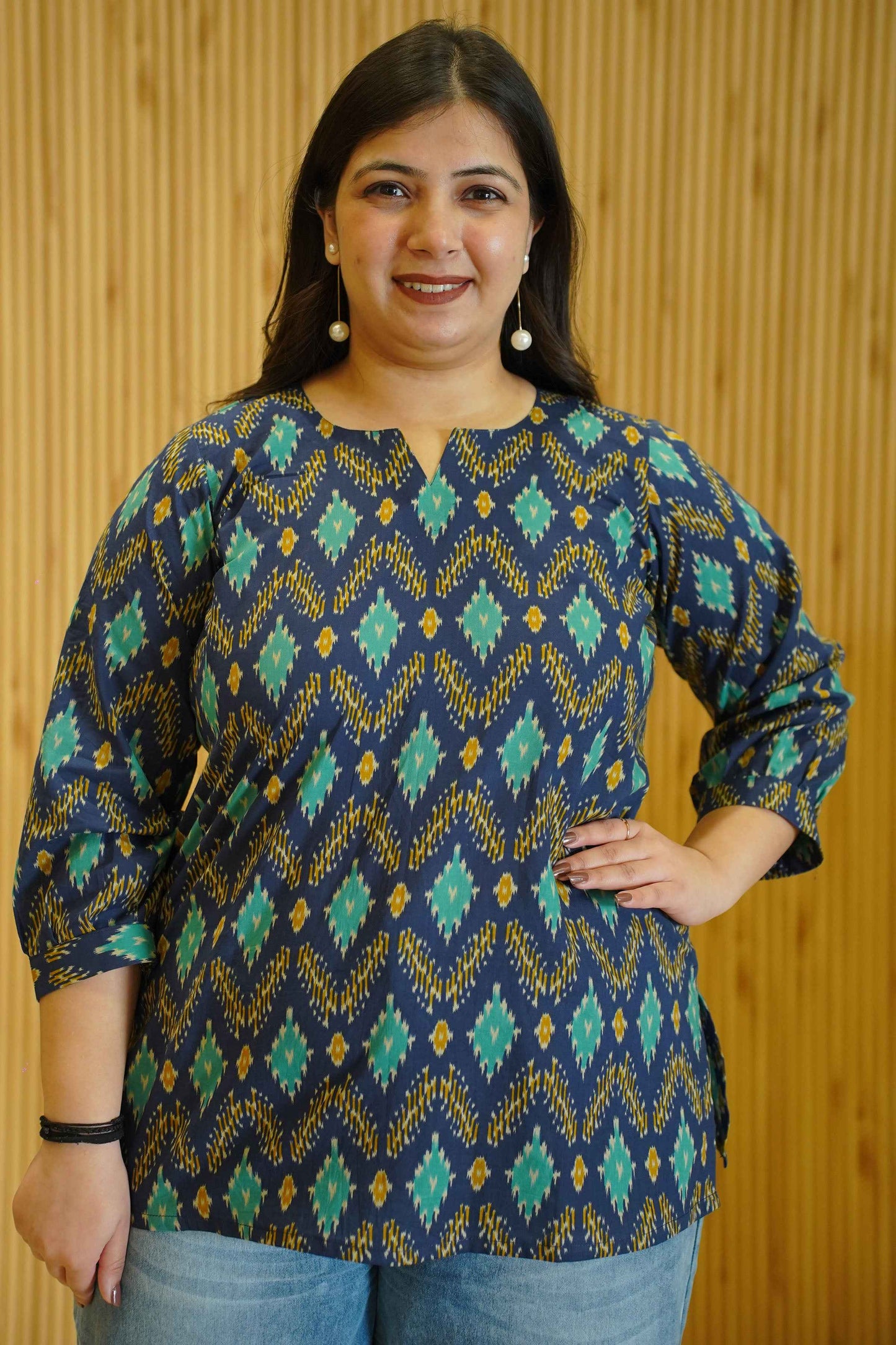 Aqua Indigo Ikat Printed Cotton Top