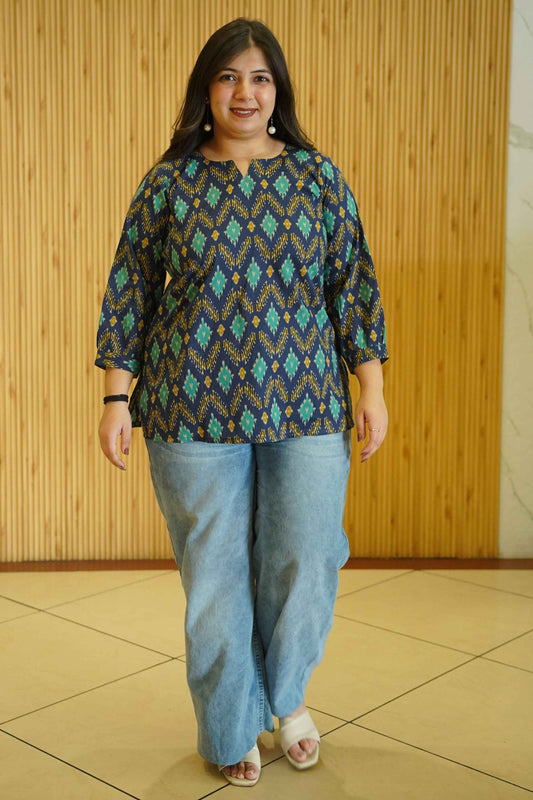 Aqua Indigo Ikat Printed Cotton Top