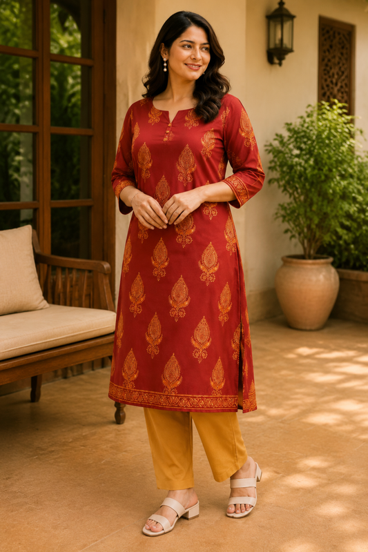 Autumn Leaf Printed Cotton Kali Kurta With Pants