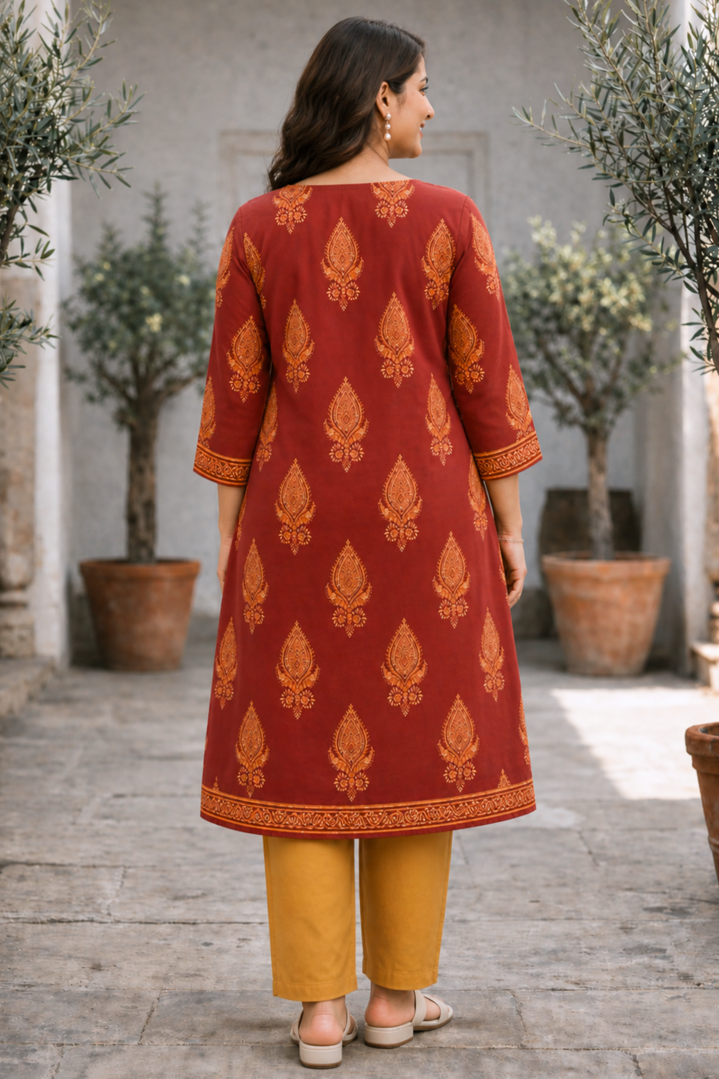 Autumn Leaf Printed Cotton Kali Kurta