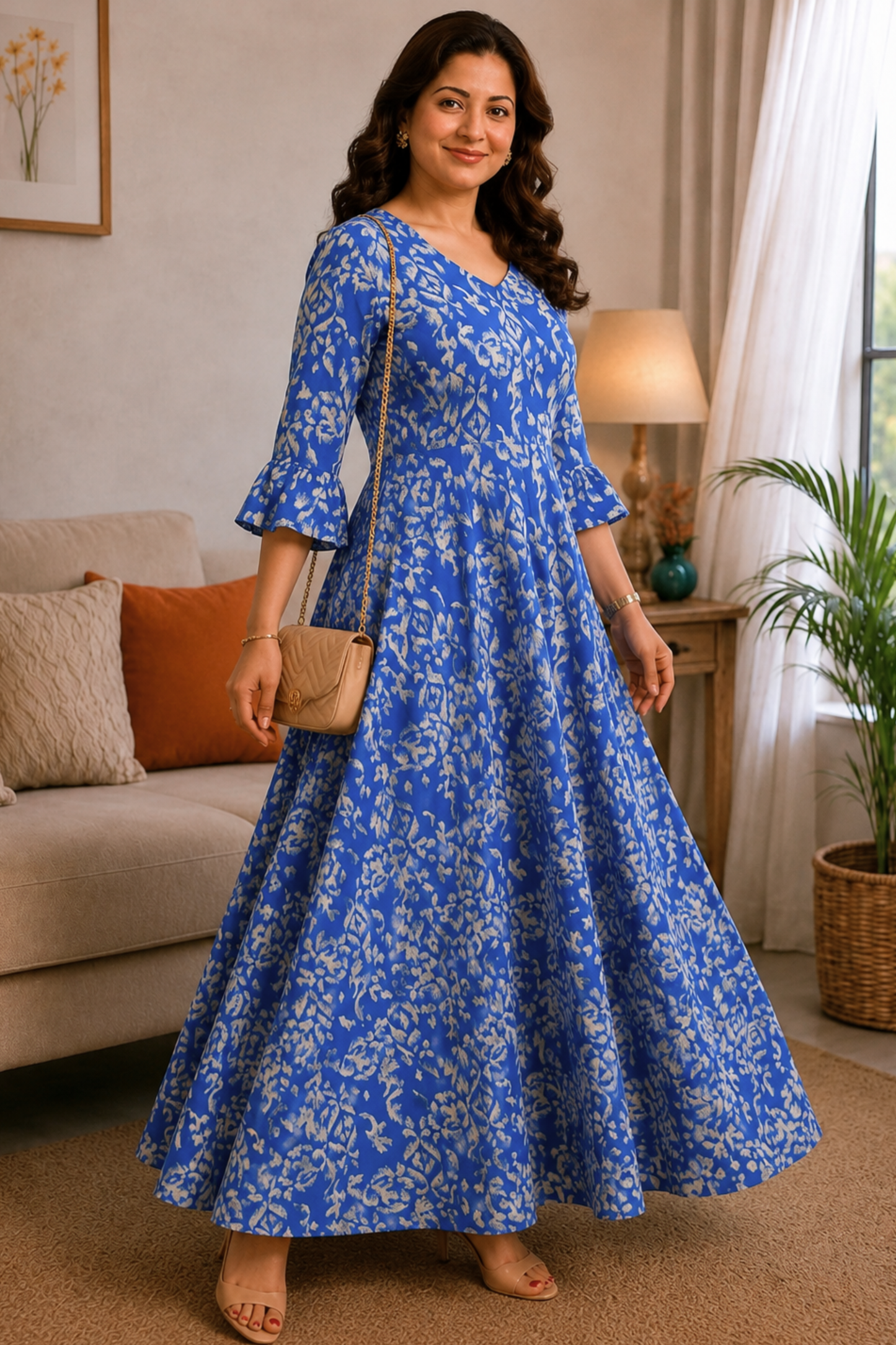 Azure Bloom Rayon Printed Dress With Pockets