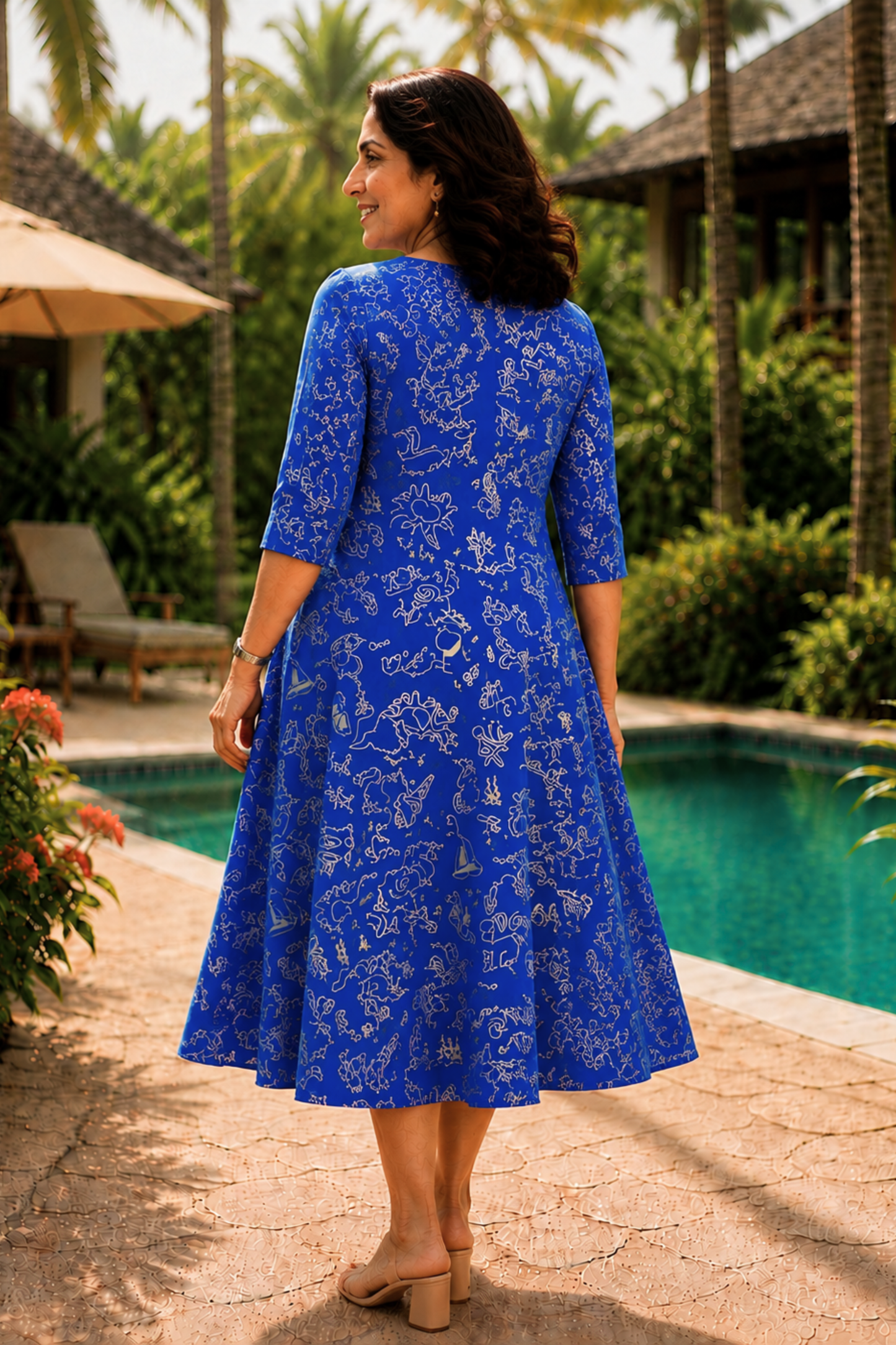 Azure Doodle Printed Dress With Pockets