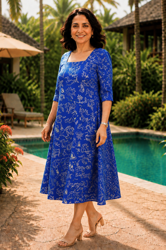 Azure Doodle Printed Dress With Pockets