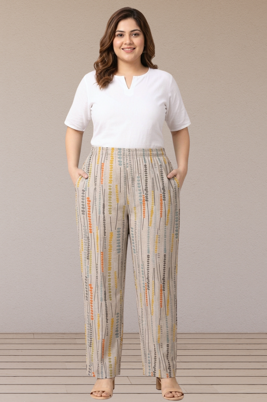 Beige Abstract Printed Cotton Pant