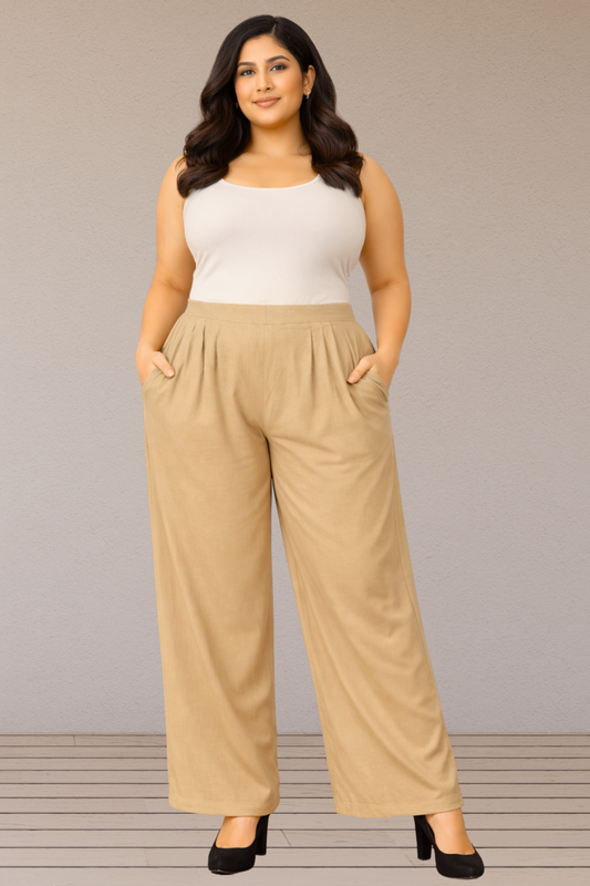 Beige Belted Rayon Loose Palazzo