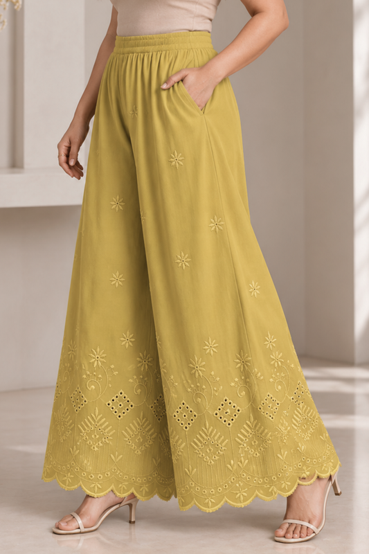 Beige Chikankari Flared Palazzo Pant