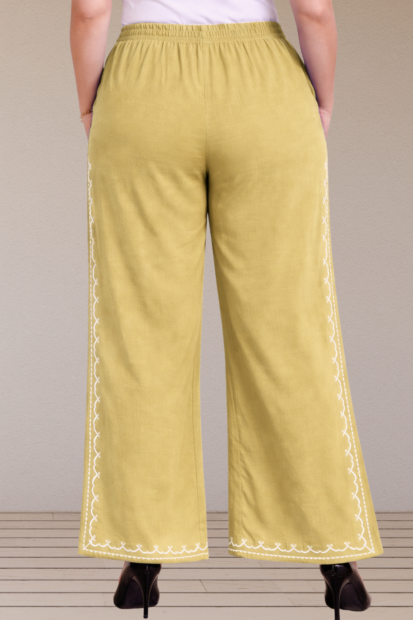 Beige Embroidered Cotton Palazzo