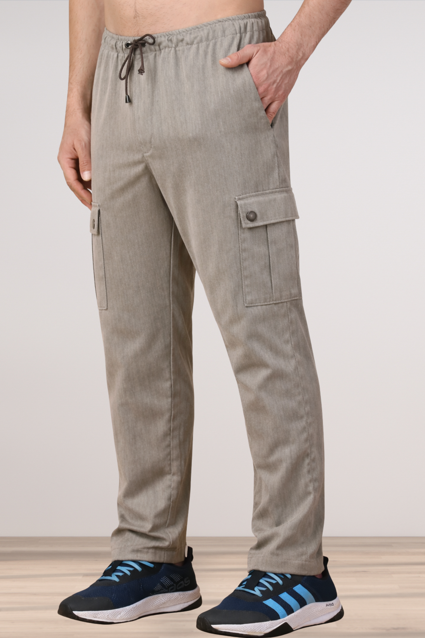 Beige Textured Stretch Cargo Pants