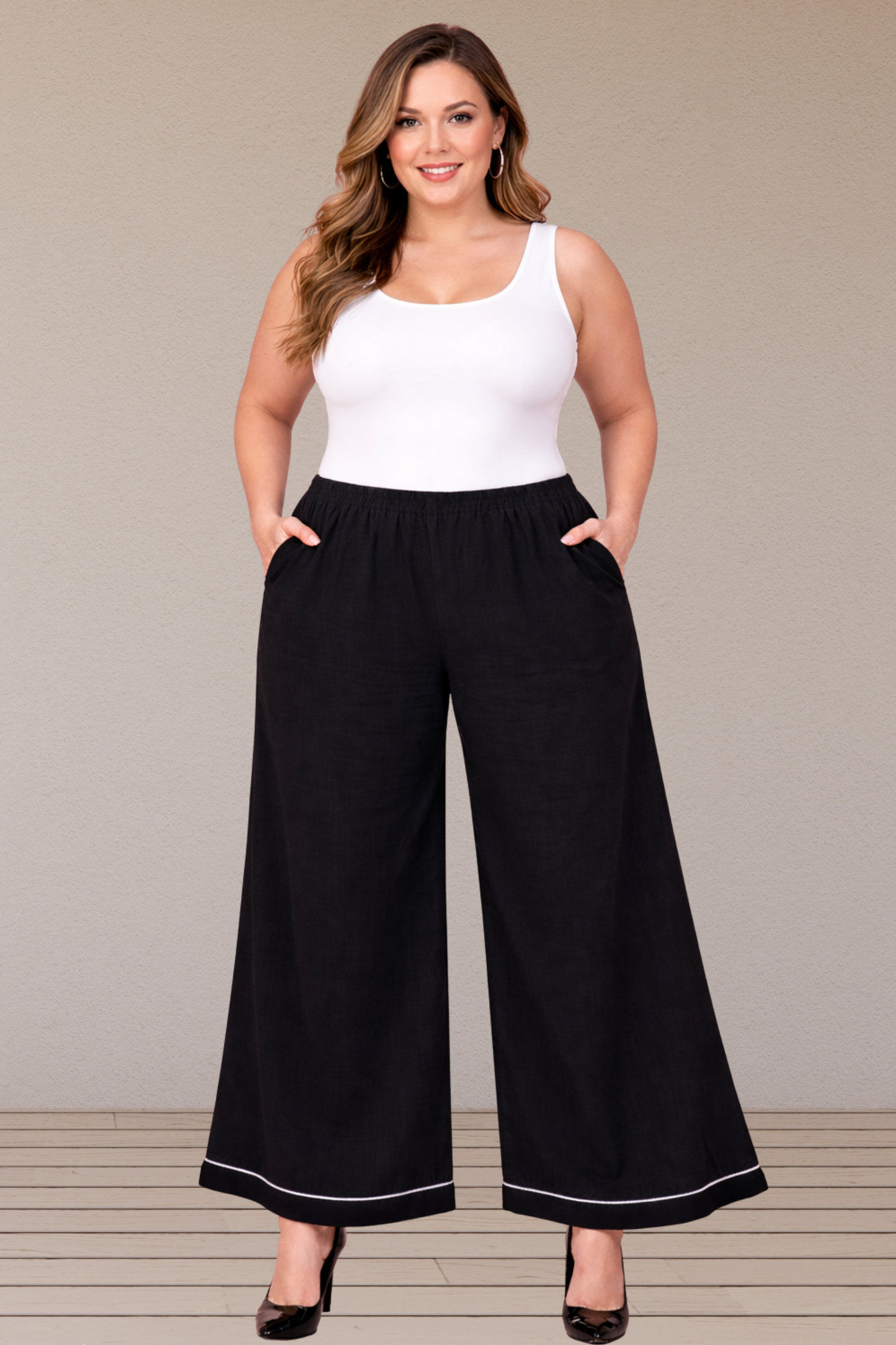 Black Detailed Hemline Rayon Palazzo