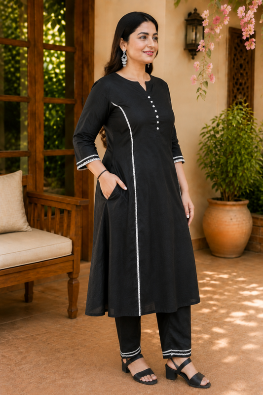 Black A-Line Cotton Linen Kurta
