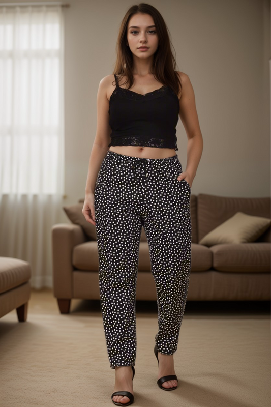 Buy Plus Size Black Polka Poplin Lycra Pants At Apella | Sizes XS to 10 XL | India | Free Delivery | Customized