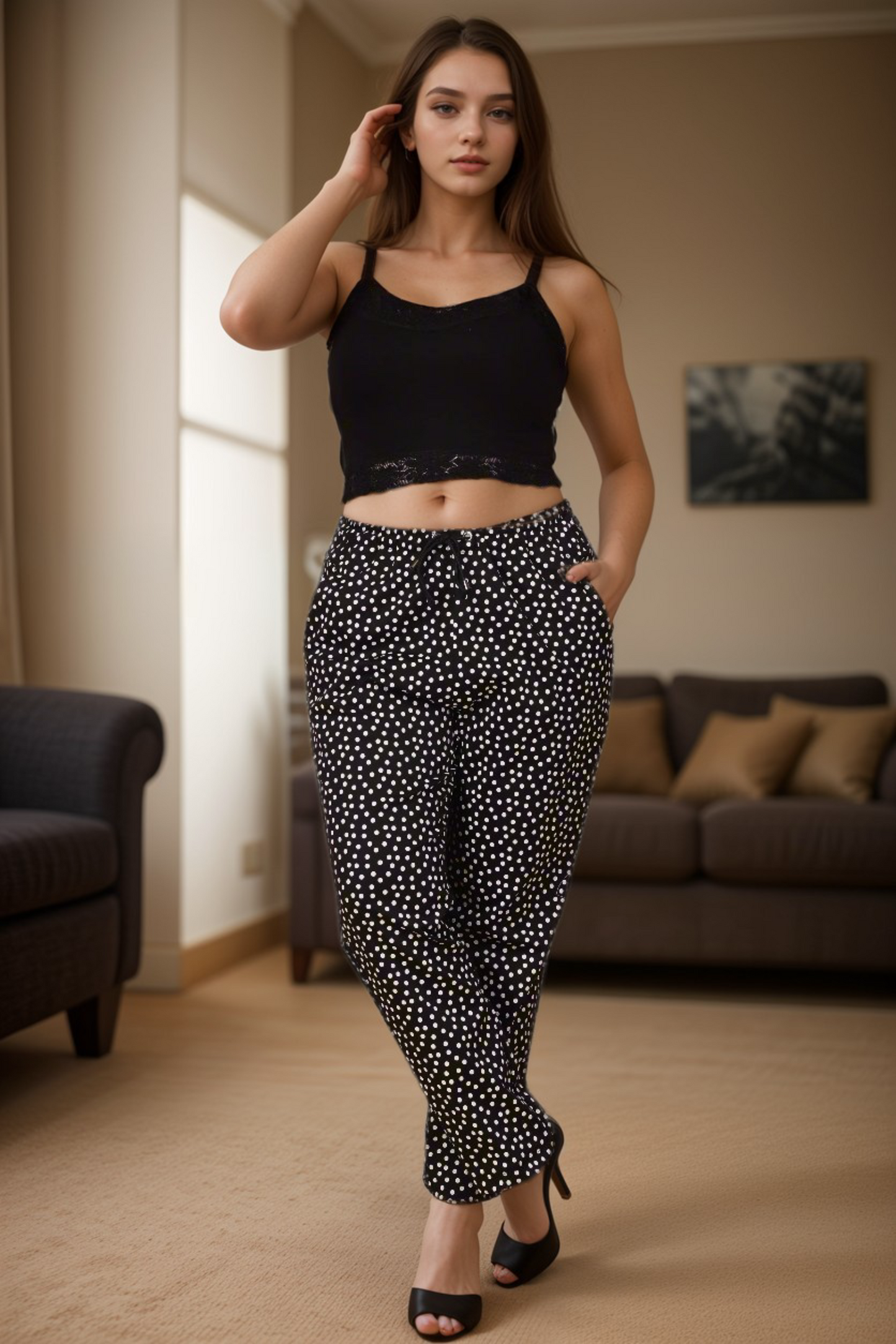 Buy Plus Size Black Polka Poplin Lycra Pants At Apella | Sizes XS to 10 XL | India | Free Delivery | Customized