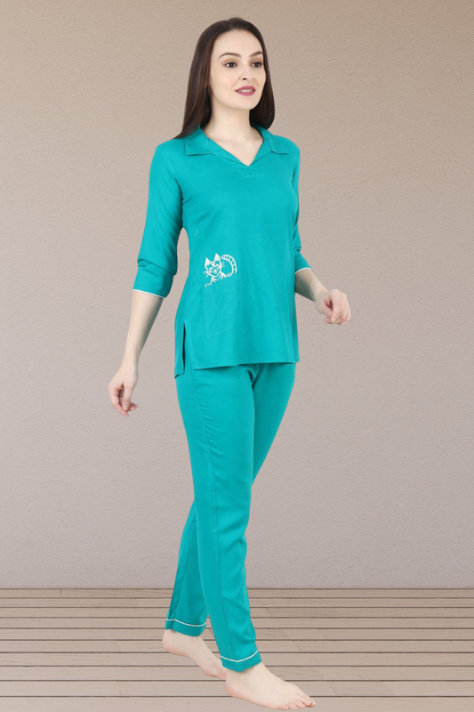 Blue Cat Cotton Night Suit