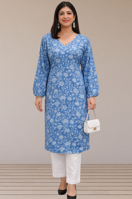 Blue Floral Cotton Kurta