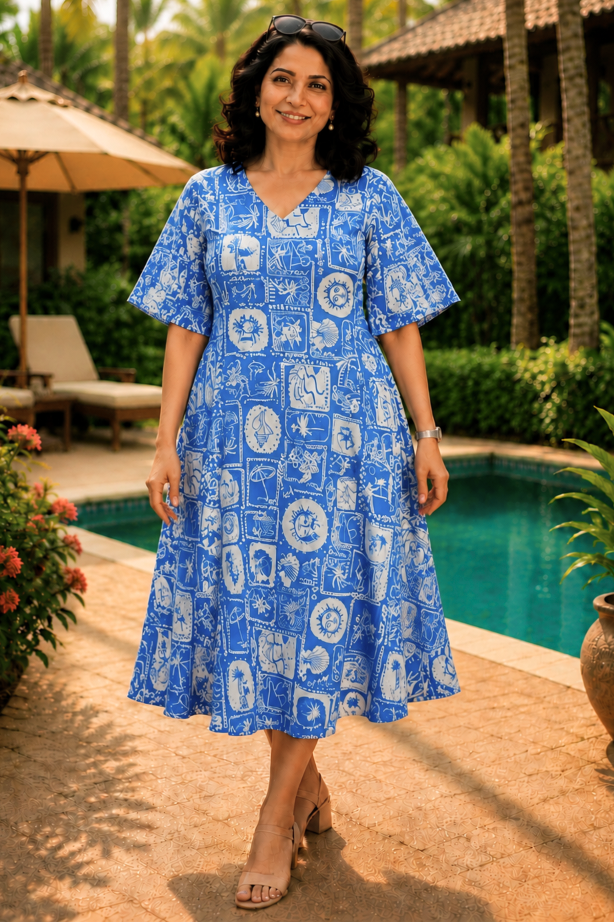 Blue Voyage Printed Dress With Pockets