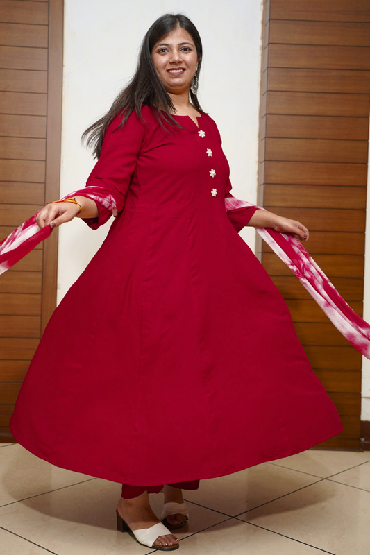 Maroon Aura Rayon Anarkali Set With Dupatta