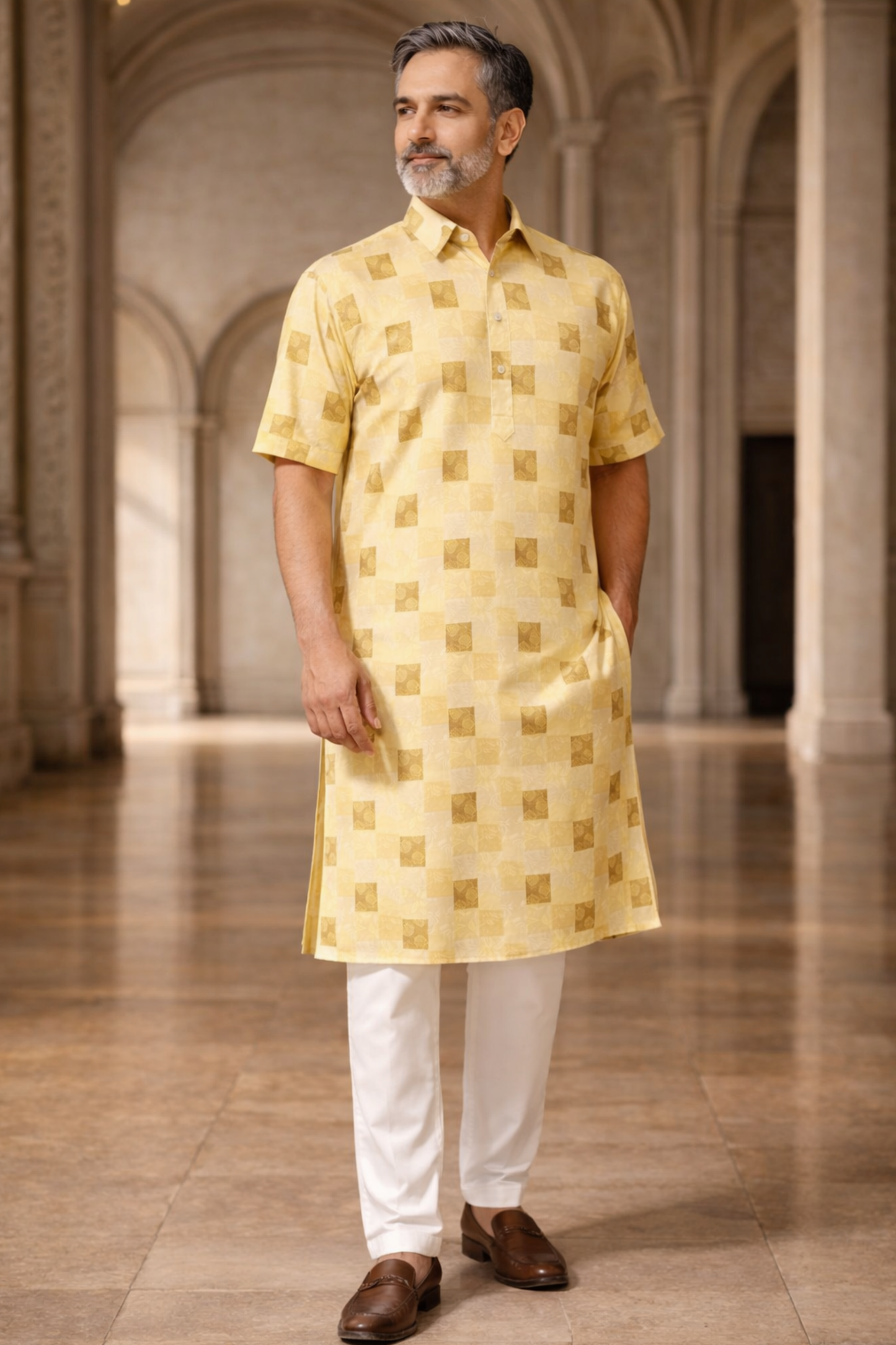 Creamy Lemon Printed Kurta Pajama