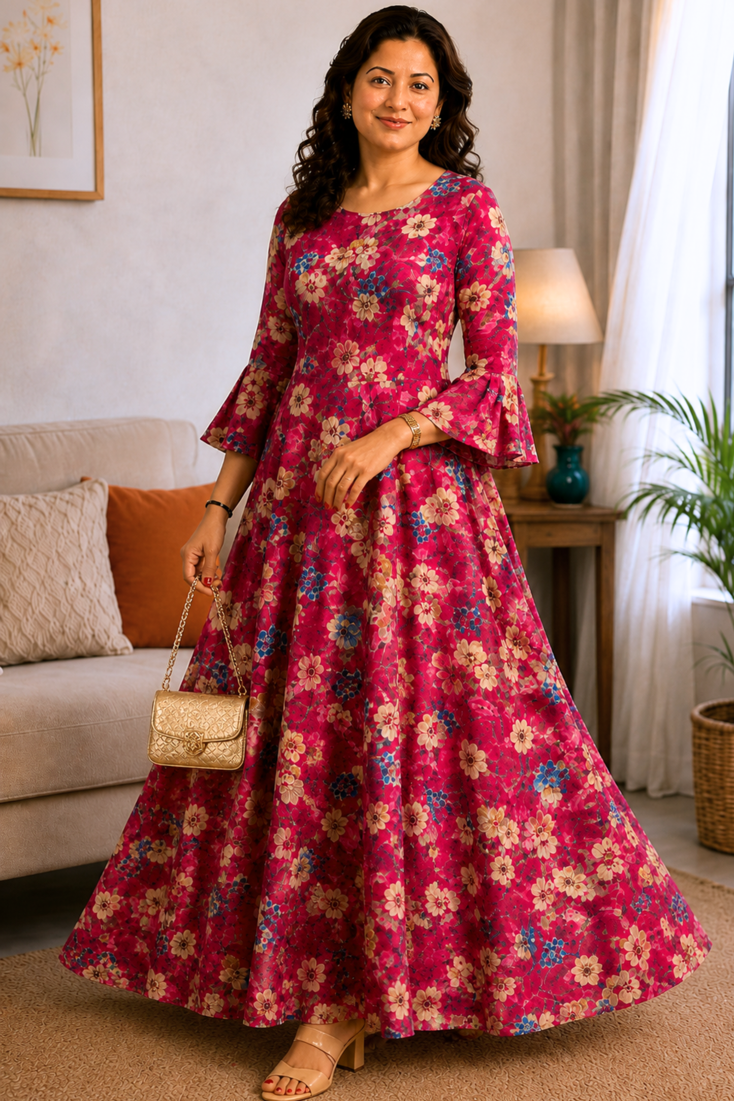 Crimson Jardin Foiled Rayon Dress With Pockets