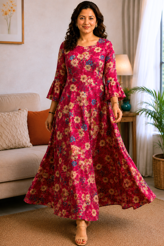 Crimson Jardin Foiled Rayon Dress With Pockets