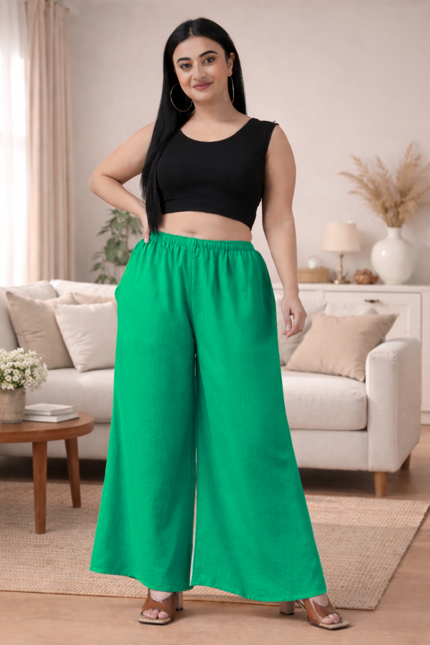 Dark Green Rayon Loose Palazzo