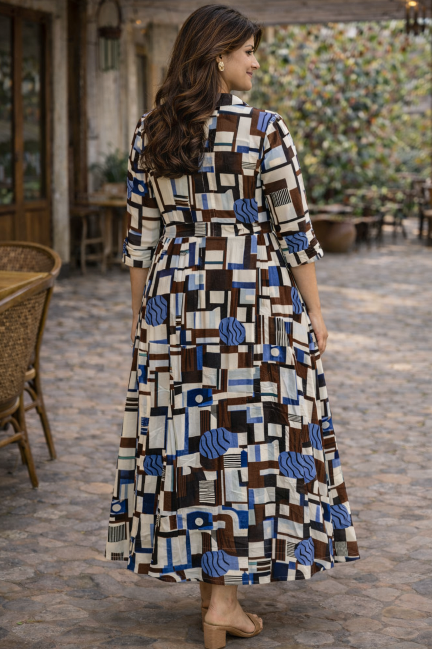 Indigo Mosaic Rayon Dress With Pockets