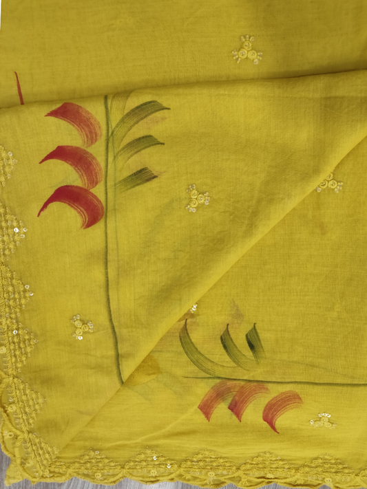 Yellow Hand Painted Mul Cotton Dupatta