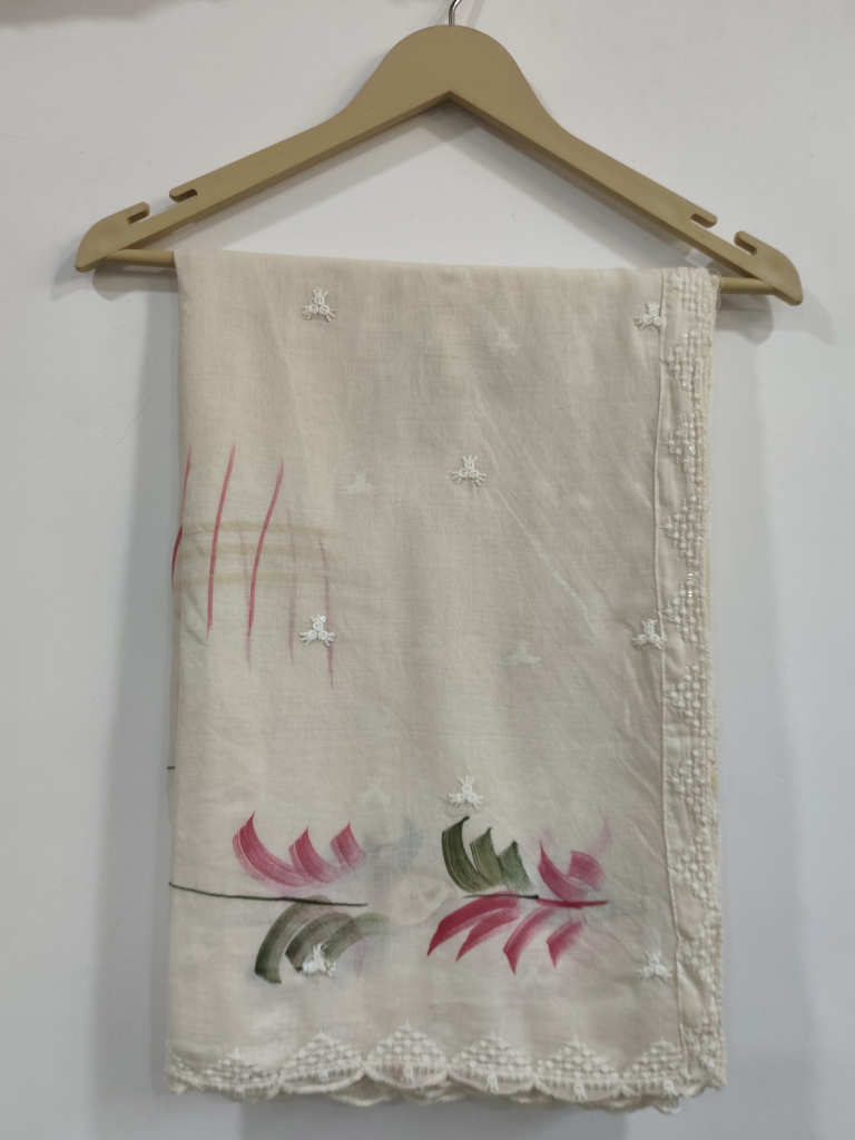 Off White Hand Paintced Mul Cotton Dupatta