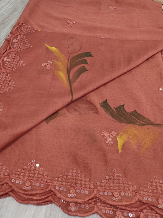 Rust Hand Painted Mul Cotton Dupatta