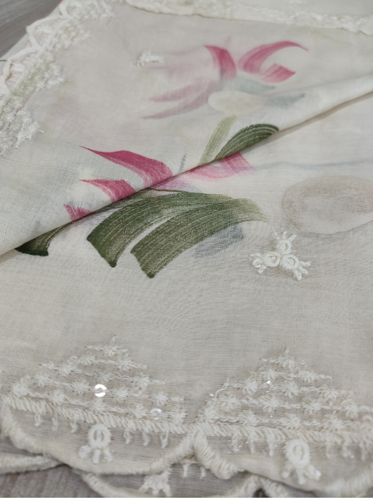 Off White Hand Paintced Mul Cotton Dupatta