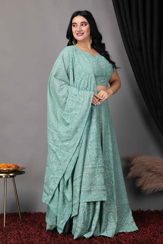 Buy Plus Size Sureeli Jhankaar Lucknowi Sequin Lehenga At Apella | Sizes XS to 10 XL | India | Free Delivery | Customized