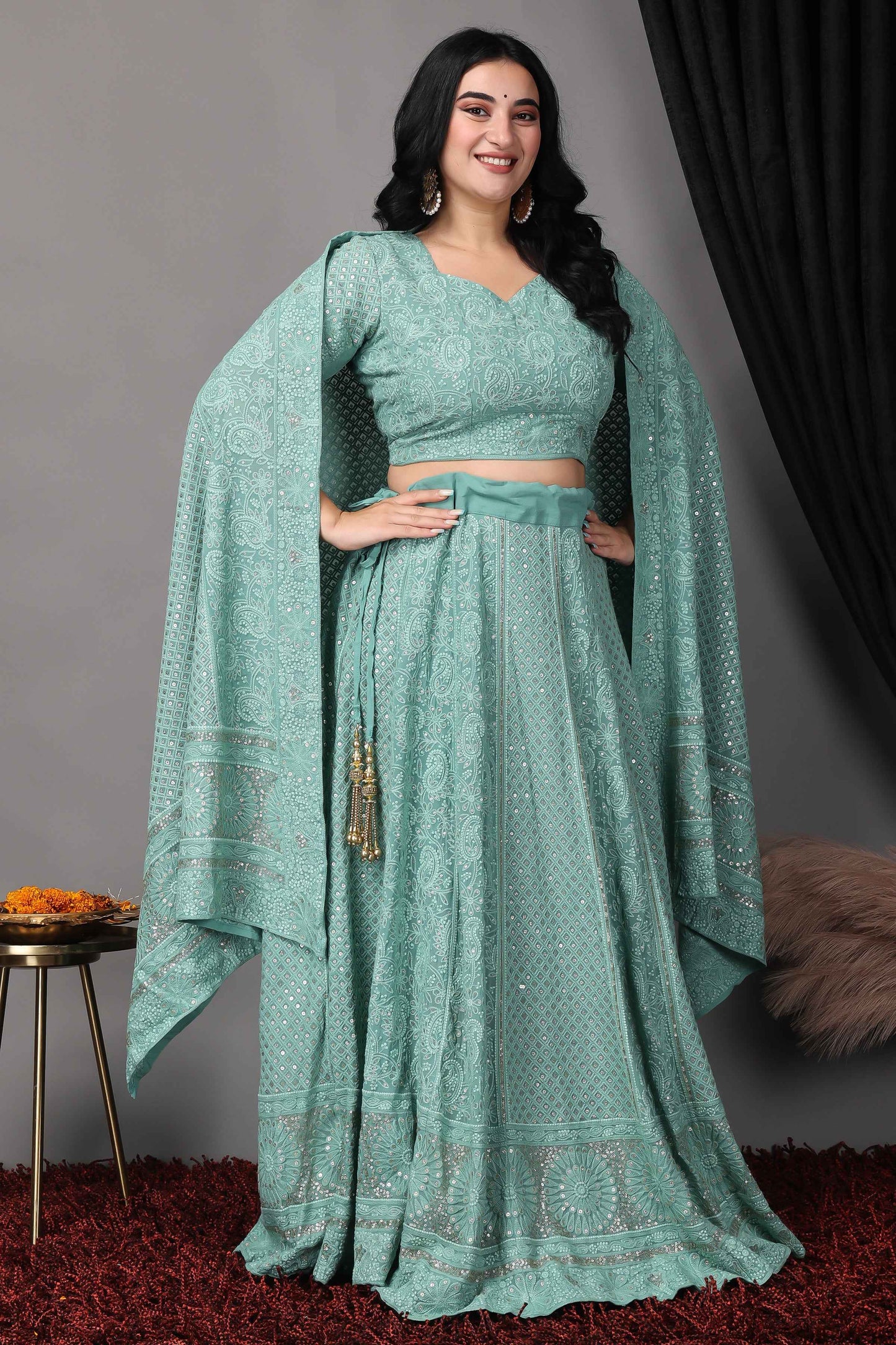 Buy Plus Size Sureeli Jhankaar Lucknowi Sequin Lehenga At Apella | Sizes XS to 10 XL | India | Free Delivery | Customized