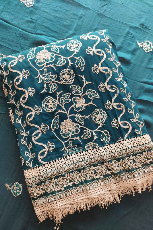 Peacock Blue Zardosi Unstitched Salwar Suit