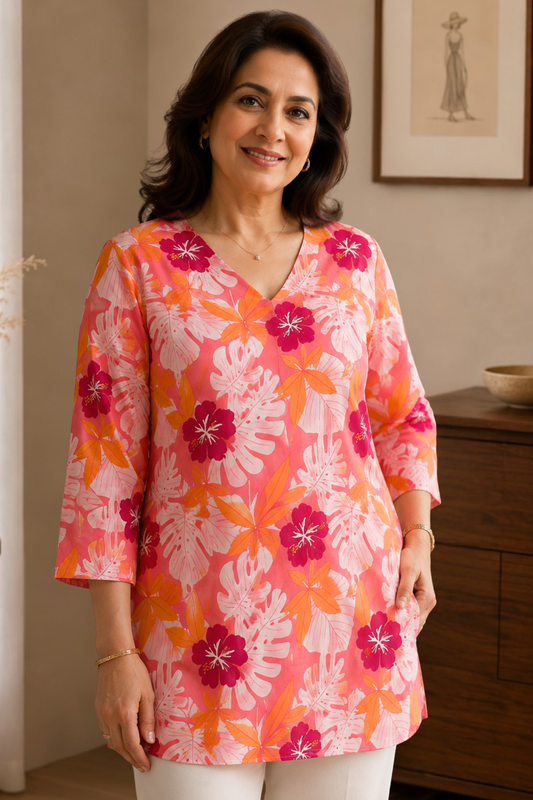 Floral Rose Cotton Short Kurta
